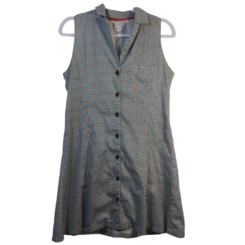 Kling Black Check Blue Octopus Novelty Sleeveless Shirt Dress Vacation Size L